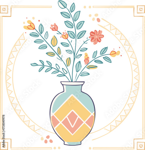 Beautiful hand-drawn vase with flowers in pastel colors, surrounded by decorative hearts and blossoms. Elegant floral illustration perfect for decor, cards, and prints