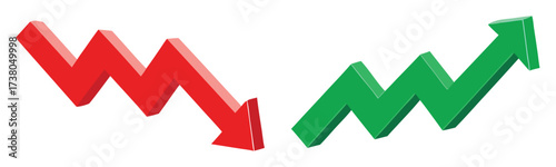 Green up and red down 3d arrow graph showing rising and descending trend, boosting of business result, decrease and growing investment profit symbol 
