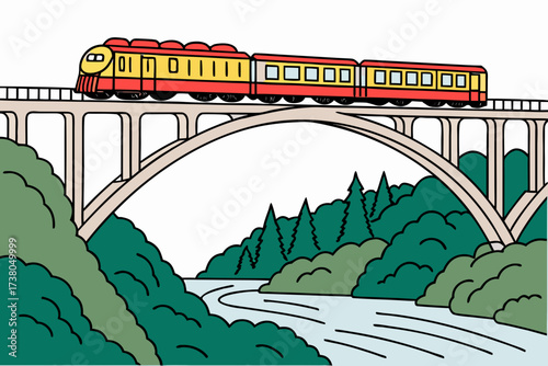 Red and yellow train on a bridge over a river railway