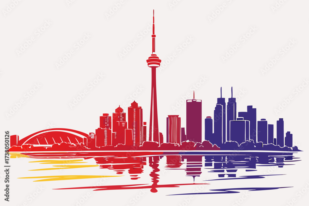Obraz premium Red blue skyline reflection on white background cityscape