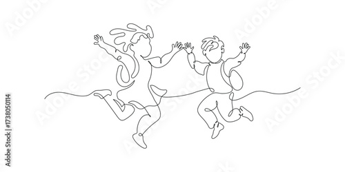 Continuous one line art Happy boy and girl pupils with backpacks jumping