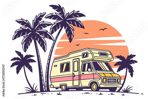 Retro camper van with palm trees and sunset motorhome