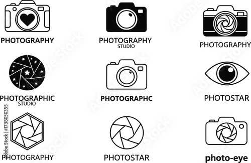 Photography logo collection, creative camera icon set, modern photo studio logo design, professional lens emblem, artistic photography branding symbols
