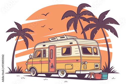 Retro camper van with palm trees and sunset vintage