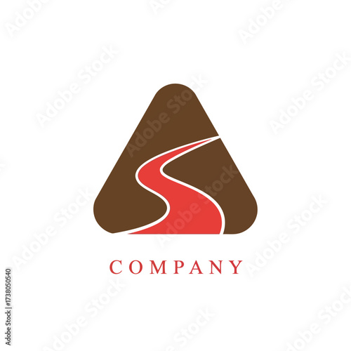 Vector art of creative road logo design featuring a winding red path within a brown triangle, symbolizing journey and direction for a company