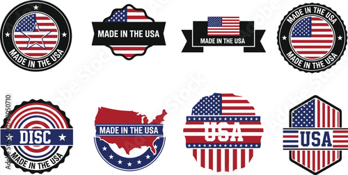 USA made product badges, patriotic American labels, stars and stripes emblem, vintage logo design, red white blue icons collection