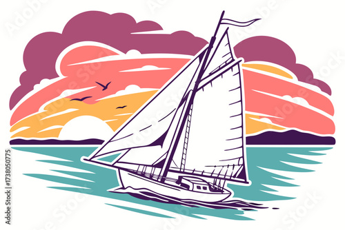 Sailboat on turquoise sea at colorful sunset sailing