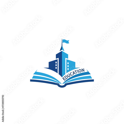 Illustration of a building on top of an open book, , representing education and knowledge acquisition
