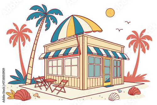 Seaside cafe with palm trees and beach umbrellas tropical