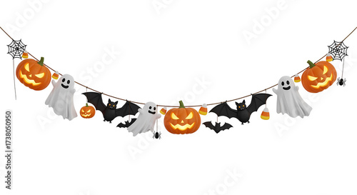 Halloween decorations banner with pumpkins ghosts bats and candy corn garland