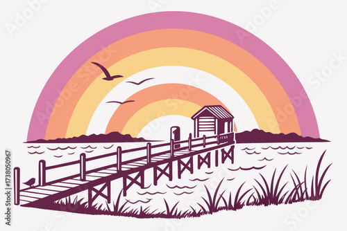 Seaside dock with rainbow sunset and birds pier ocean