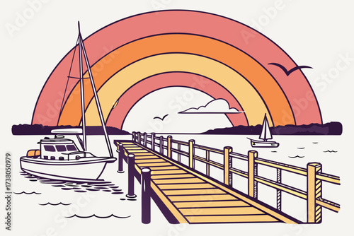 Seaside dock with rainbow sunset and boats vector art