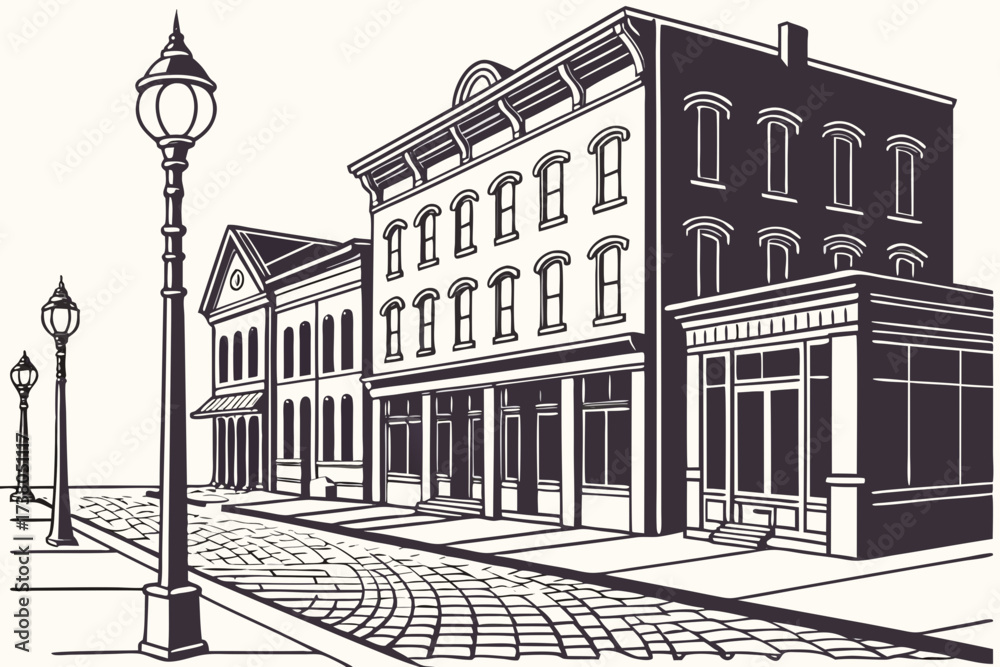 Fototapeta premium Old Town Bay City in Michigan, Victorian riverfront facades with antique lampposts and cobblestone streets