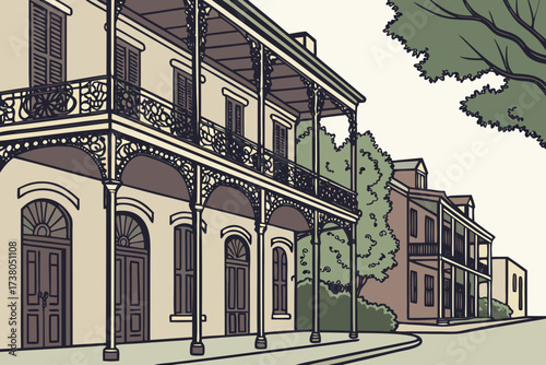 Old Town Baton Rouge in Louisiana, French colonial facades with wrought-iron balconies and jazz music nearby