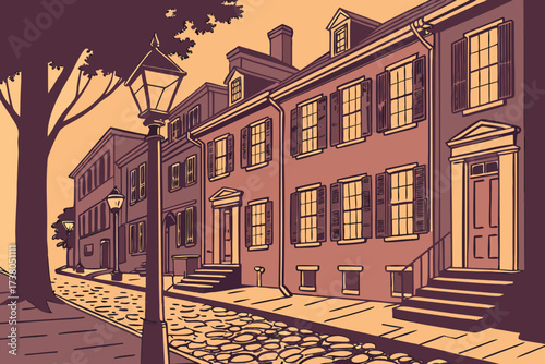 Old Town Alexandria in Virginia, cobblestone streets lined with colonial brick row houses and gas lanterns glowing