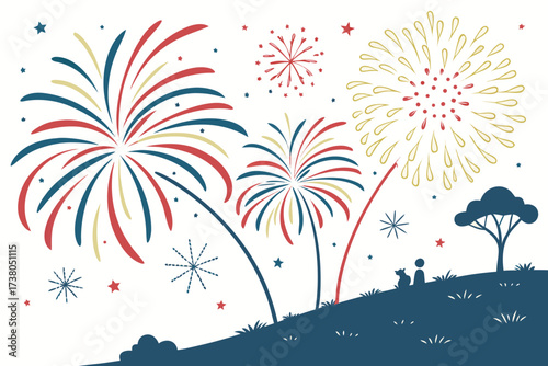 Silhouette figures watch colorful fireworks explode in night sky