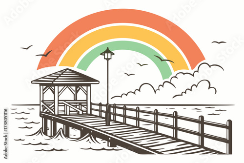 Seaside pier with rainbow sunset and seagulls dock
