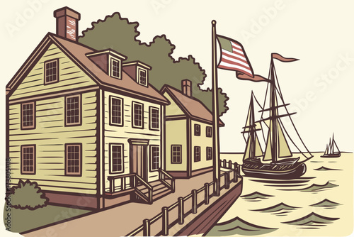 Old Town Bristol in Rhode Island, colonial clapboard homes with American flags and historic waterfront