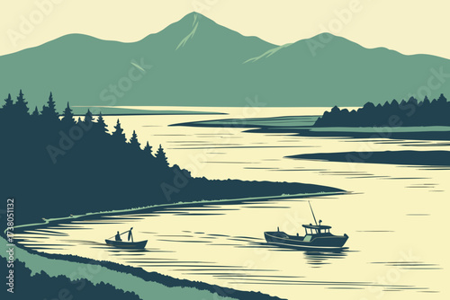 Nushagak River in Alaska, broad reflective waters with fishing boats and distant mountains
