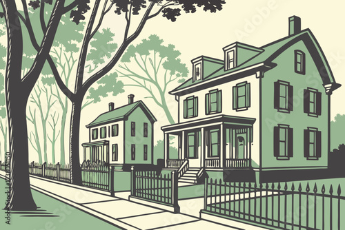 Old Town Davenport in Iowa, preserved 19th-century homes with tree-lined streets and iron fences