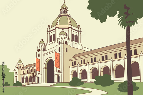 Natural History Museum of Los Angeles County in California, domed Beaux-Arts façade with dinosaur banners