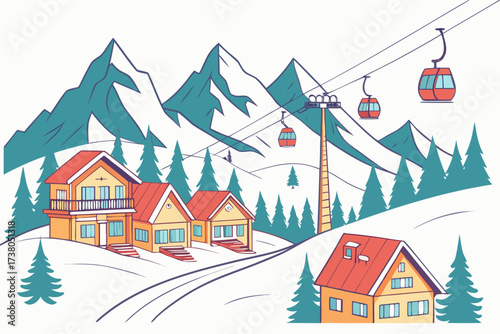 Ski resort with cable cars and snowy mountains gondola
