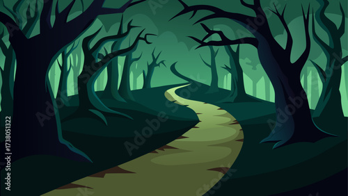 Winding path through a spooky dark forest
