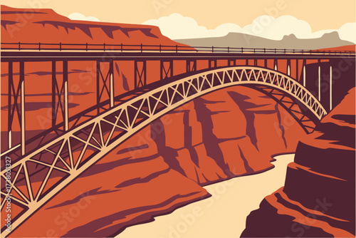 Navajo Bridge in Marble Canyon, Arizona, twin steel arches rising above deep red canyon cliffs