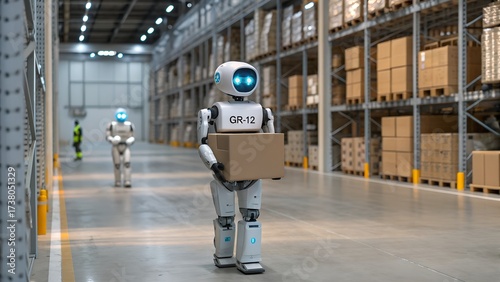 Wallpaper Mural Portrait of an Advanced Humanoid Robot Carrying a Cardboard Delivery Box Across an Industrial Warehouse Floor. Future of Automated Logistics, Storage and Shipping Concept. Torontodigital.ca