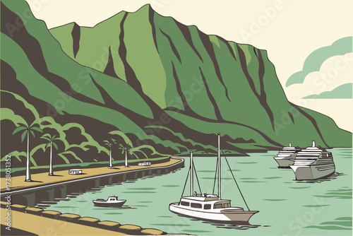 Nawiliwili Harbor in Kauai, Hawaii, fishing boats and cruise ships anchored with lush cliffs beyond