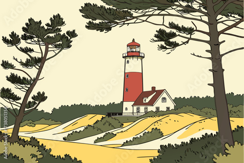 Nauset Light in Eastham, Massachusetts, iconic red-and-white tower framed by pine trees and sandy dunes