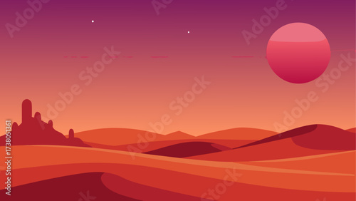 Desert landscape with planet and stars