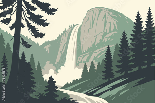 Nevada Fall in Yosemite National Park, California, massive 594-foot drop framed by Half Dome granite backdrop