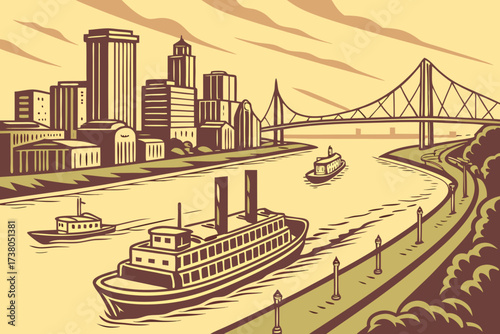 New Orleans Harbor in Louisiana, riverboats and cargo ships along Mississippi waterfront skyline