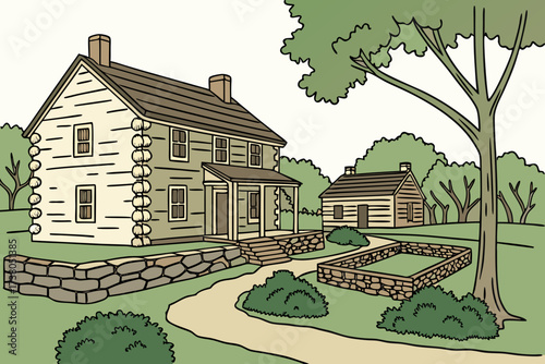 New Harmony in Indiana, utopian 19th-century town with stone walls, gardens, and preserved log cabins