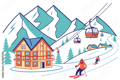 Ski resort with mountains and skiers vector snow skiing