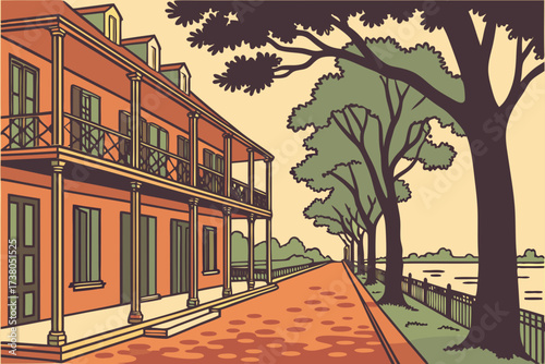 Natchitoches Historic District in Louisiana, brick riverfront streets with iron balconies and Creole cottages