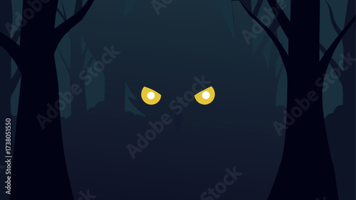 Glowing eyes in the dark spooky forest