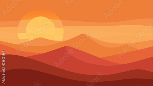 Sunset over layered orange mountain range