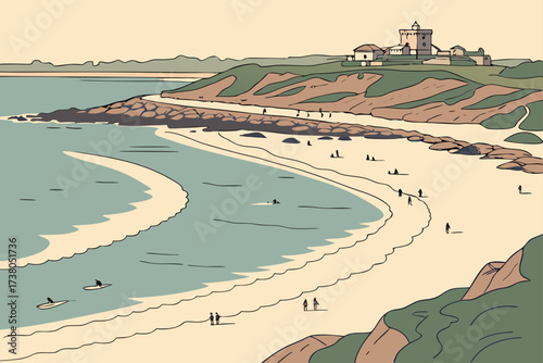 Narragansett Town Beach in Rhode Island, long sandy stretch with surfers and rocky headlands