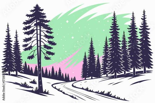 Snowy forest with aurora borealis and winding road