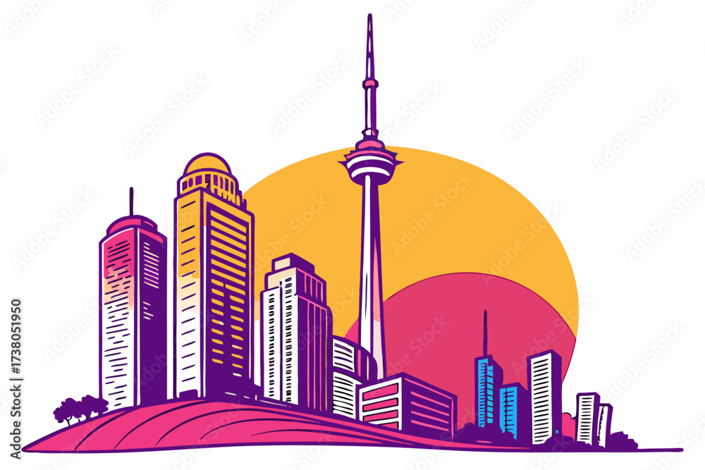 Obraz premium Stylized Cityscape with Colorful Skyscrapers and Tower