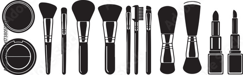 Assorted makeup brushes and cosmetics set
