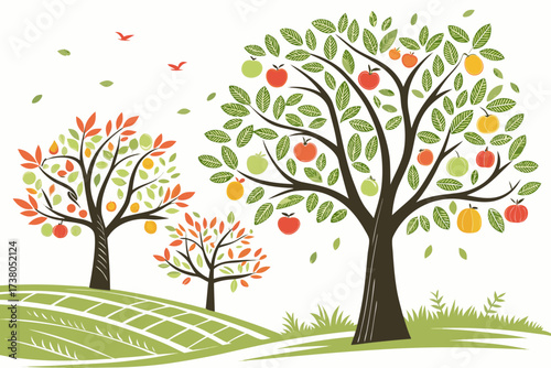 Stylized orchard with colorful fruits and birds fruit trees