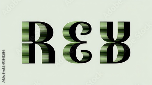 Striking 3d rendering of rex letters with green and black line patterns isolated on white background, creating a bold and modern typographic design