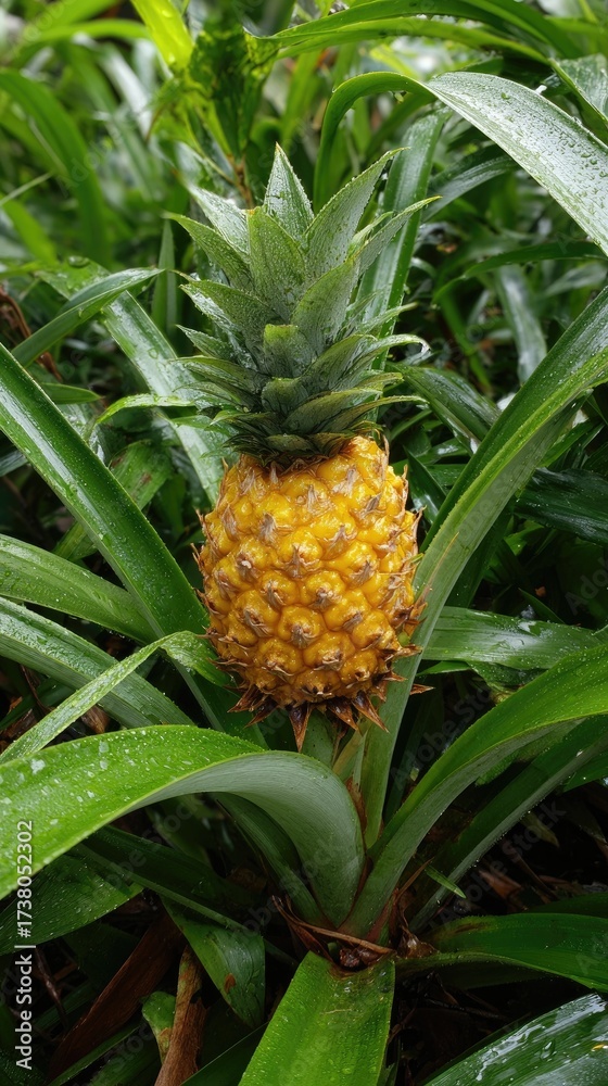 Obraz premium Ripe pineapple growing in lush green vegetation
