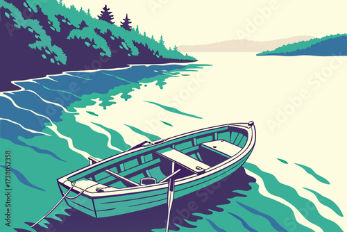 Teal rowboat on a colorful lake with forested shore