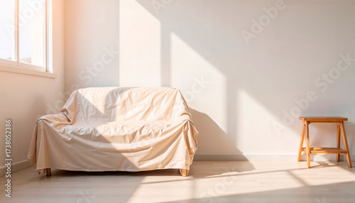 A softly lit living room features a simple sofa covered with a light fabric. A wooden stool sits beside it, warmly illuminated by sunlight streaming through the window
