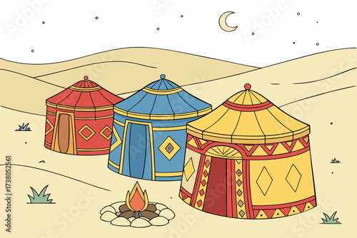Three colorful desert tents under a crescent moon caravan