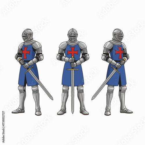 Three Armored Templar Knights Standing with Swords Medieval Warriors